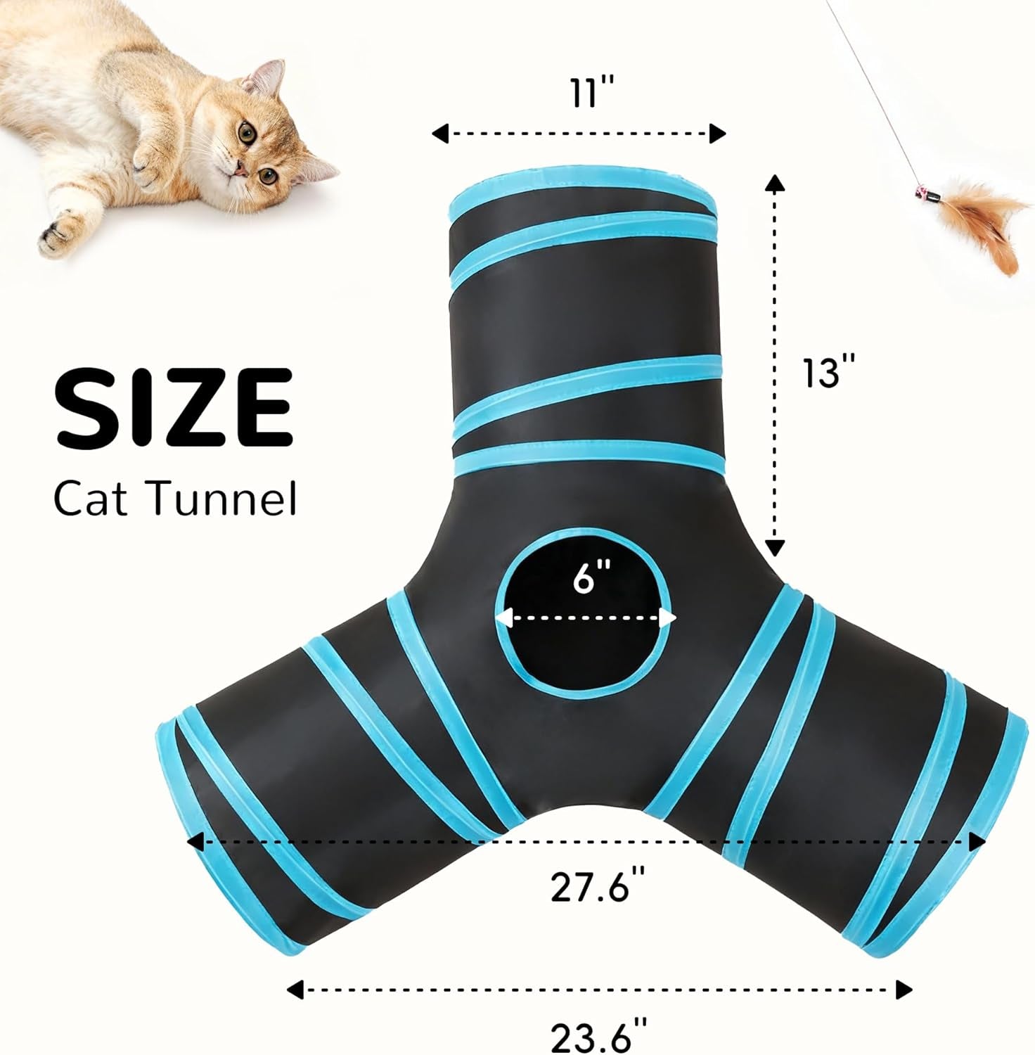 Cat Tunnel, 3-Way Collapsible Toy for Indoor Cats, Black & Blue