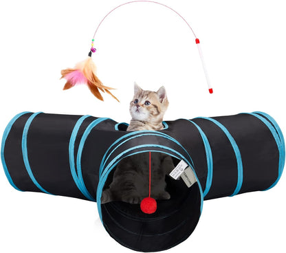 Cat Tunnel, 3-Way Collapsible Toy for Indoor Cats, Black & Blue