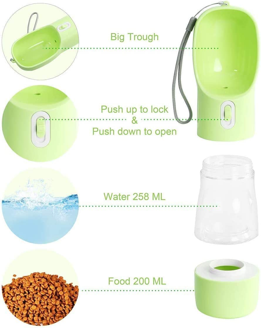 Portable Dog Water Bottle with Food Container Dishwasher Safe-Green