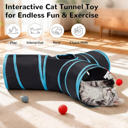 Cat Tunnel, 3-Way Collapsible Toy for Indoor Cats, Black & Blue