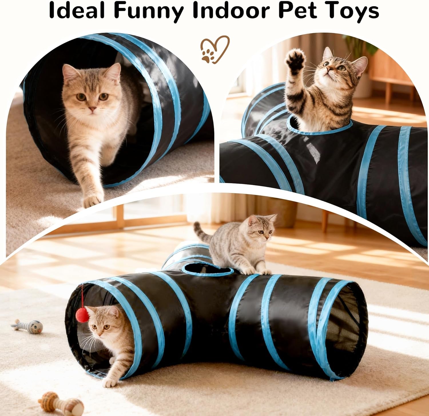 Cat Tunnel, 3-Way Collapsible Toy for Indoor Cats, Black & Blue
