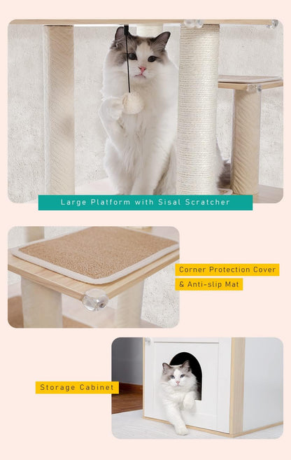 56.7" Cat Tree with Litter Box Enclosure, Wood Cat Tower, Beige