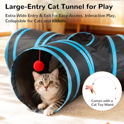 Cat Tunnel, 3-Way Collapsible Toy for Indoor Cats, Black & Blue