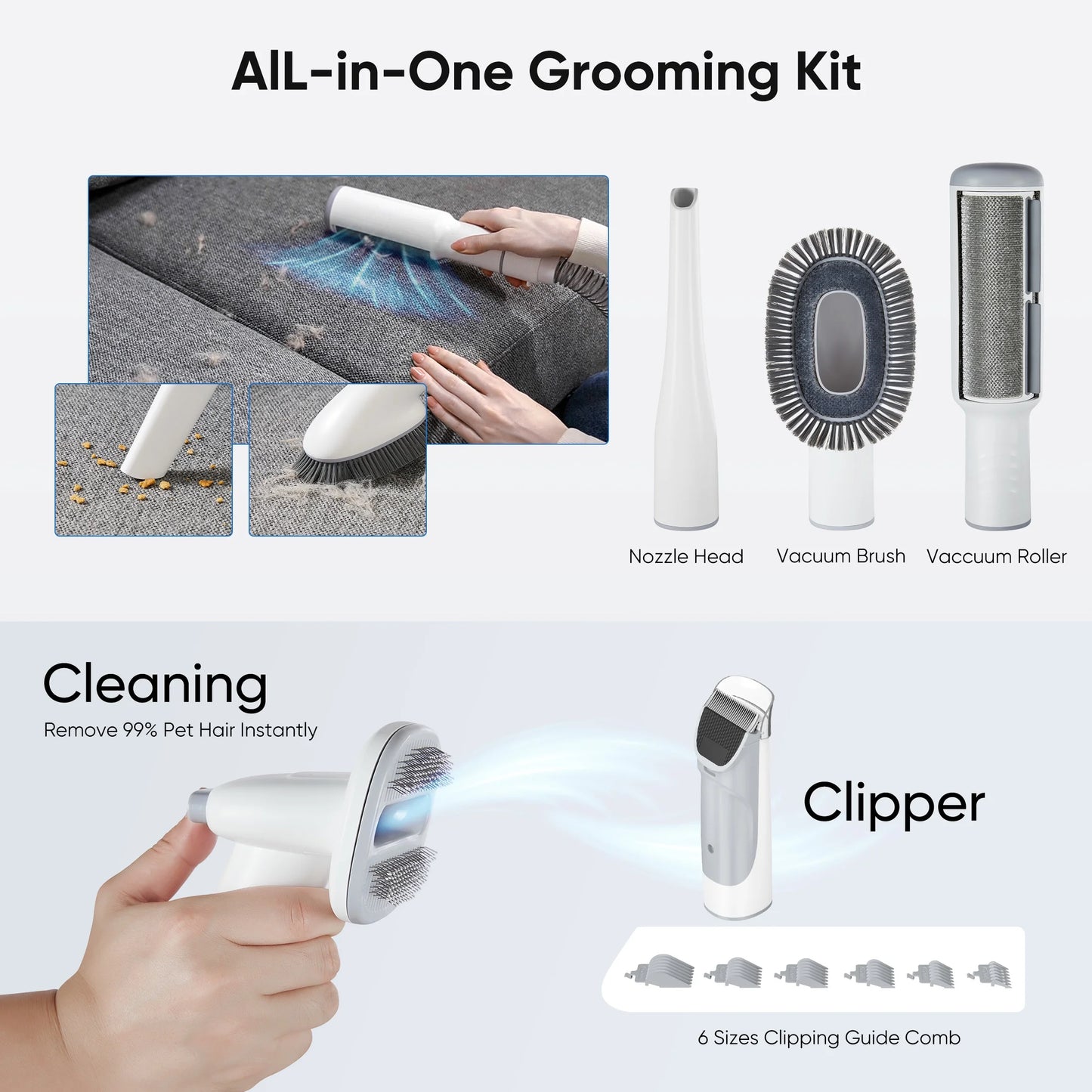 Professional Pet Grooming Kit: 2.5L Vacuum for Pet Hair, 5-in-1 Electric Clippers Set for Dogs, Cats, and Other Animals, White