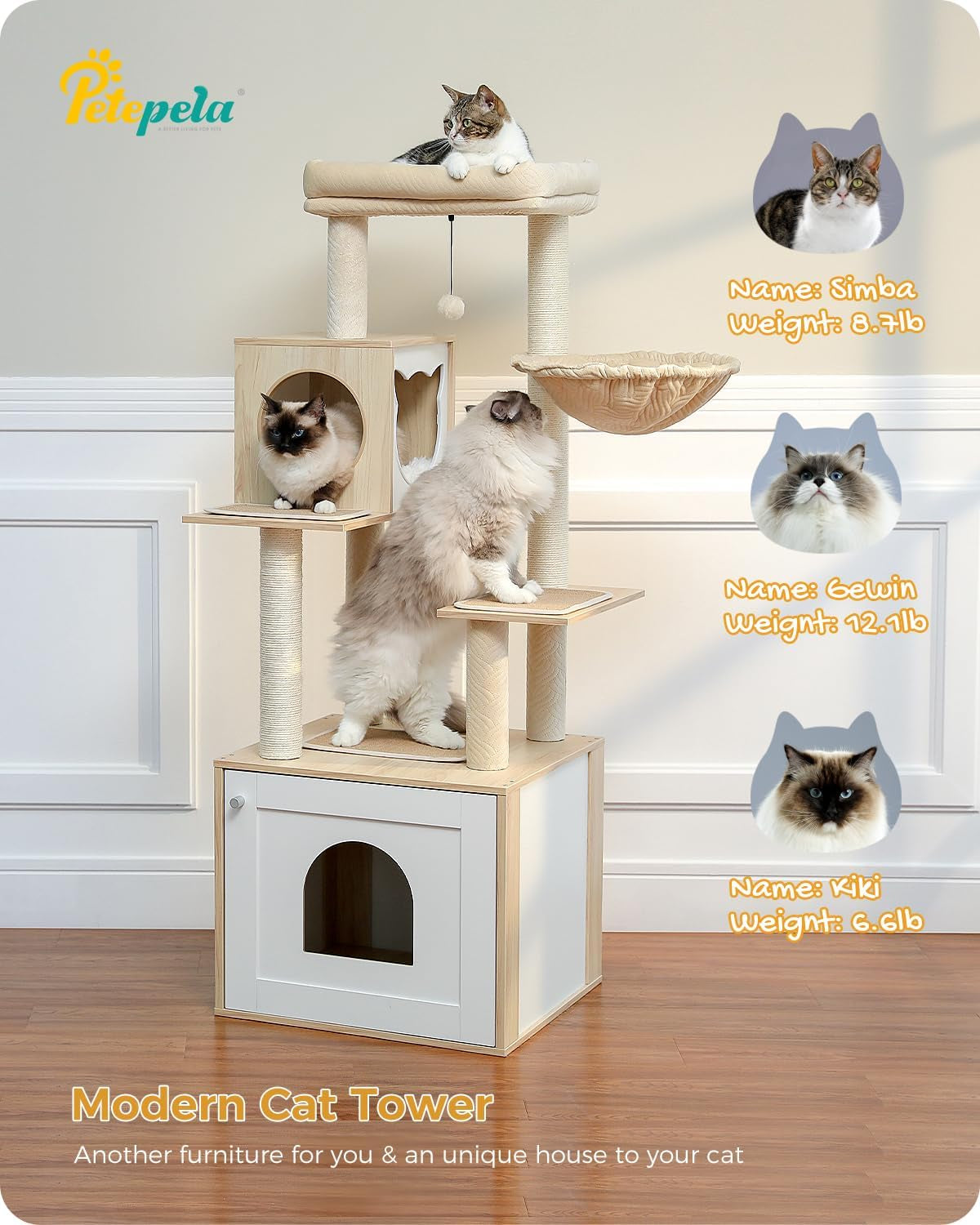 56.7" Cat Tree with Litter Box Enclosure, Wood Cat Tower, Beige