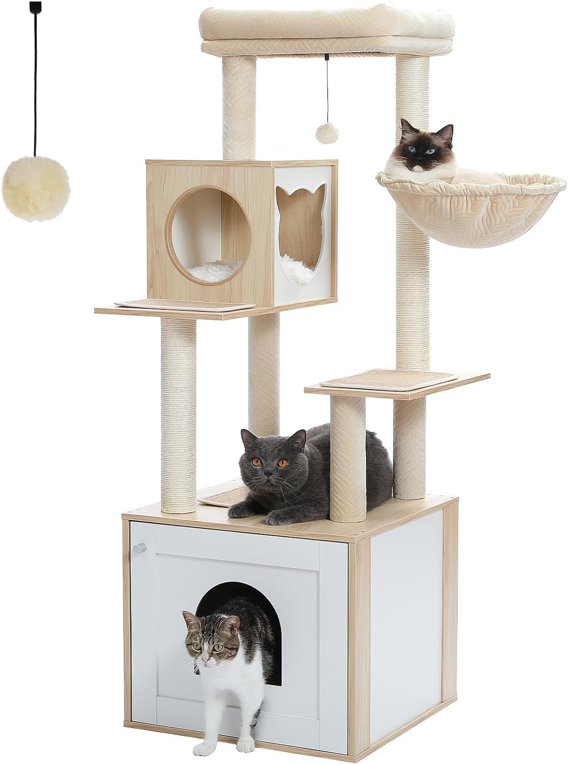 56.7" Cat Tree with Litter Box Enclosure, Wood Cat Tower, Beige