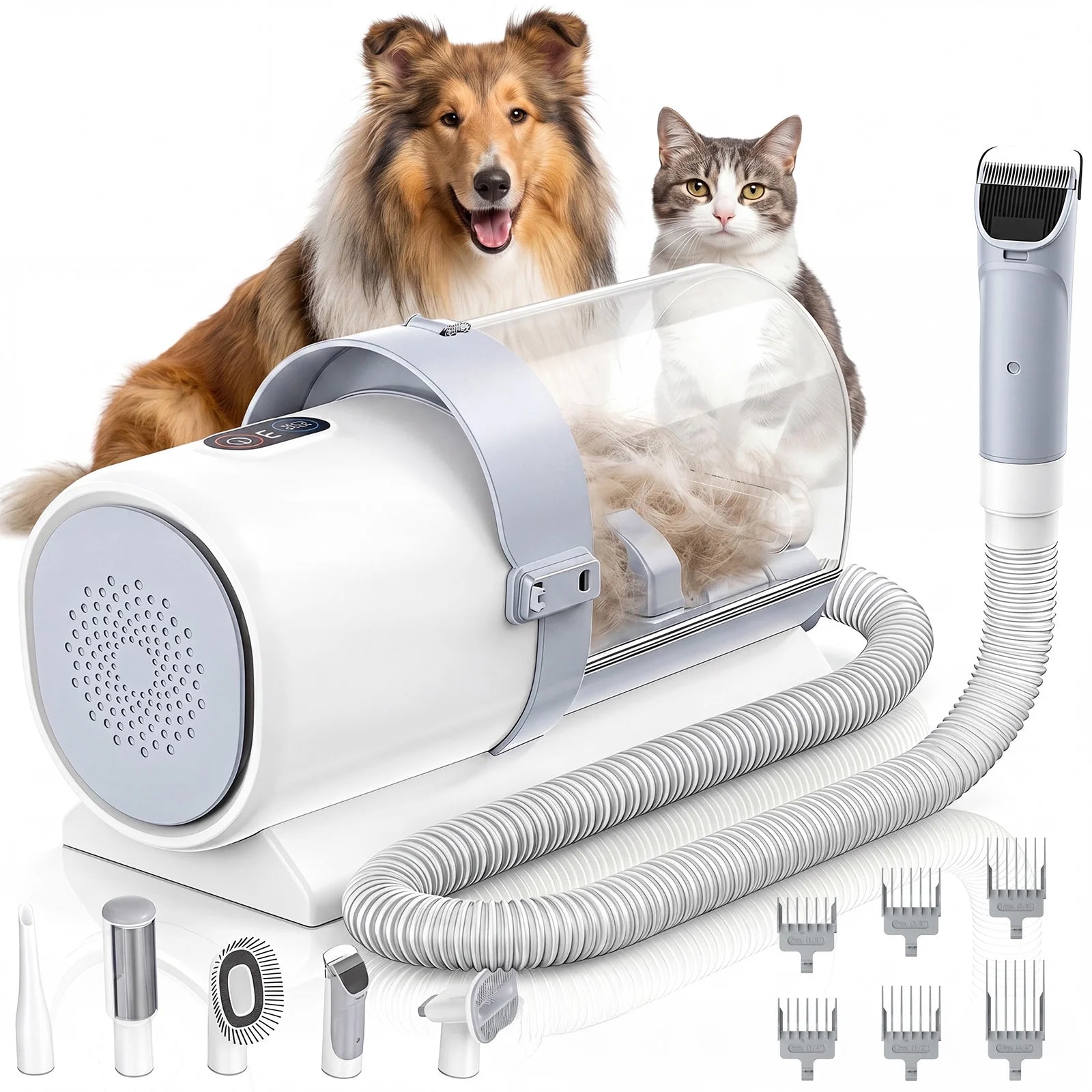 Professional Pet Grooming Kit: 2.5L Vacuum for Pet Hair, 5-in-1 Electric Clippers Set for Dogs, Cats, and Other Animals, White