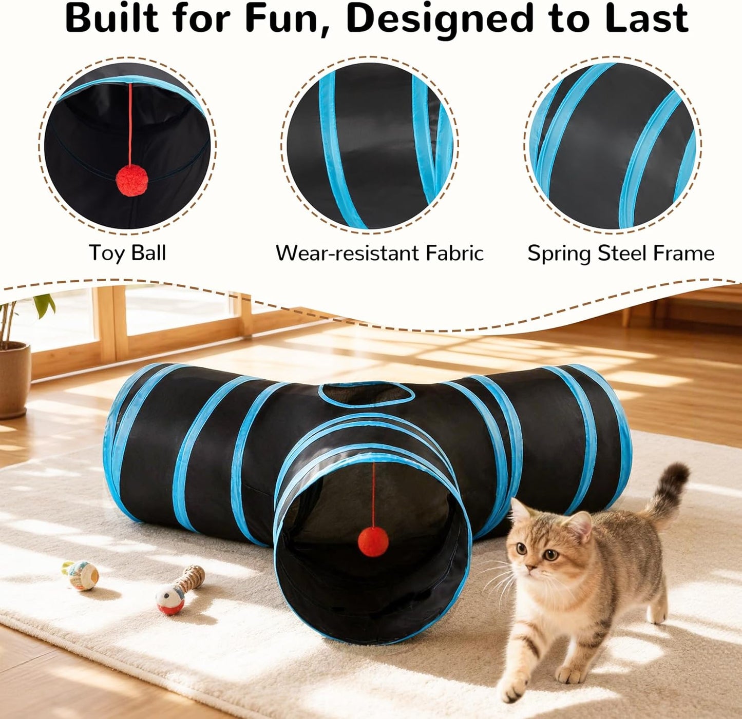 Cat Tunnel, 3-Way Collapsible Toy for Indoor Cats, Black & Blue