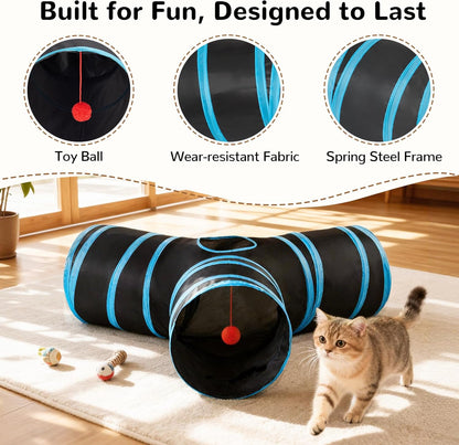 Cat Tunnel, 3-Way Collapsible Toy for Indoor Cats, Black & Blue