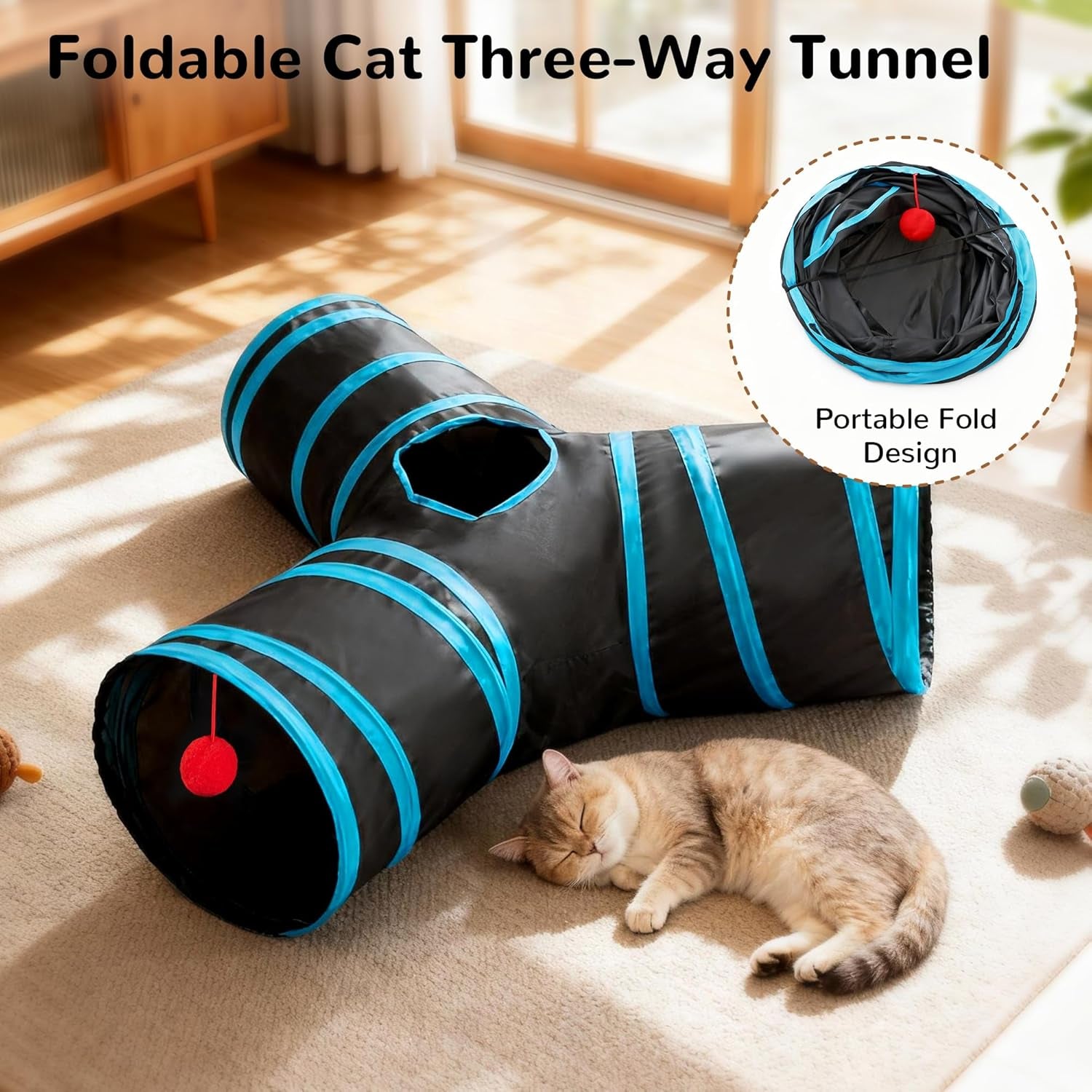 Cat Tunnel, 3-Way Collapsible Toy for Indoor Cats, Black & Blue