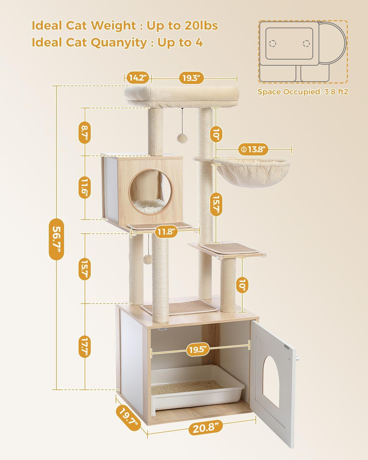 56.7" Cat Tree with Litter Box Enclosure, Wood Cat Tower, Beige