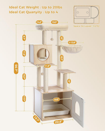 56.7" Cat Tree with Litter Box Enclosure, Wood Cat Tower, Beige