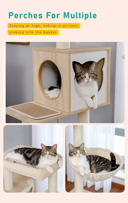 56.7" Cat Tree with Litter Box Enclosure, Wood Cat Tower, Beige