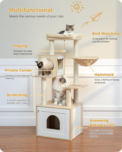56.7" Cat Tree with Litter Box Enclosure, Wood Cat Tower, Beige